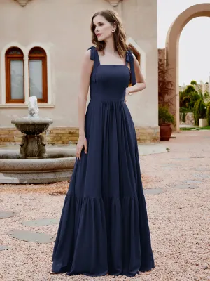 A-Line Bow Ruffle Sleeveless Chiffon Dress Dark Navy Plus Size