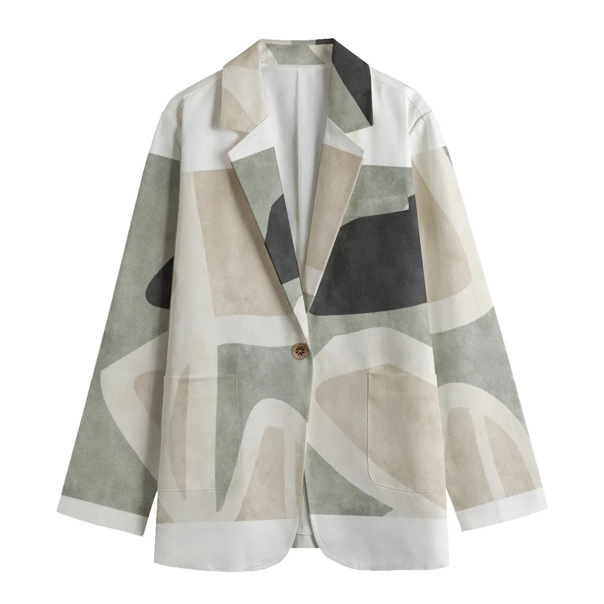 All-Over Print Women's Leisure Blazer | 245GSM Cotton 151 beige with olive abstract print