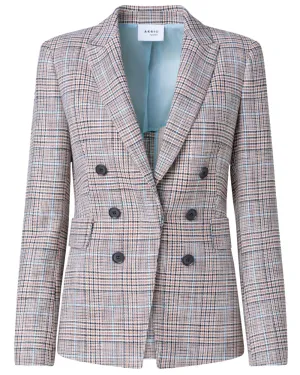 Beige Plaid Stretch Double Breasted Blazer