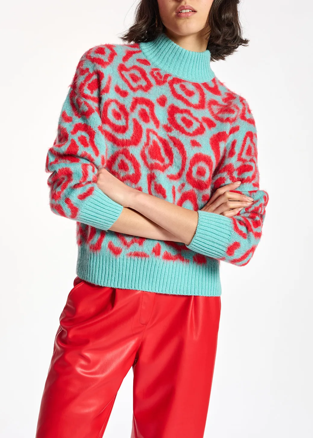 Blue and red leopard-print knit sweater