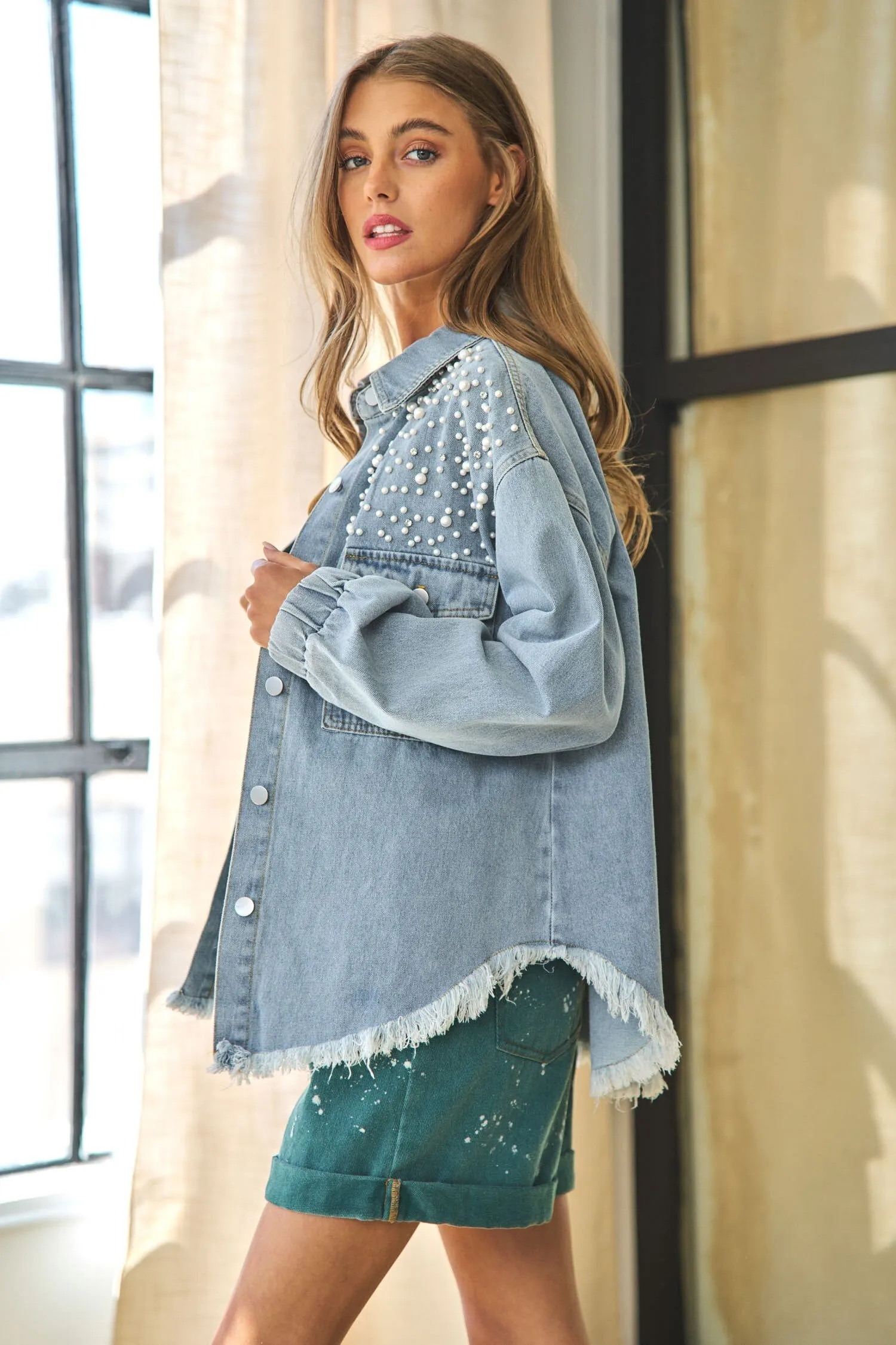 Blue Denim Jacket  Pearls Loose Streetwear Long Sleeve  Jean Coat