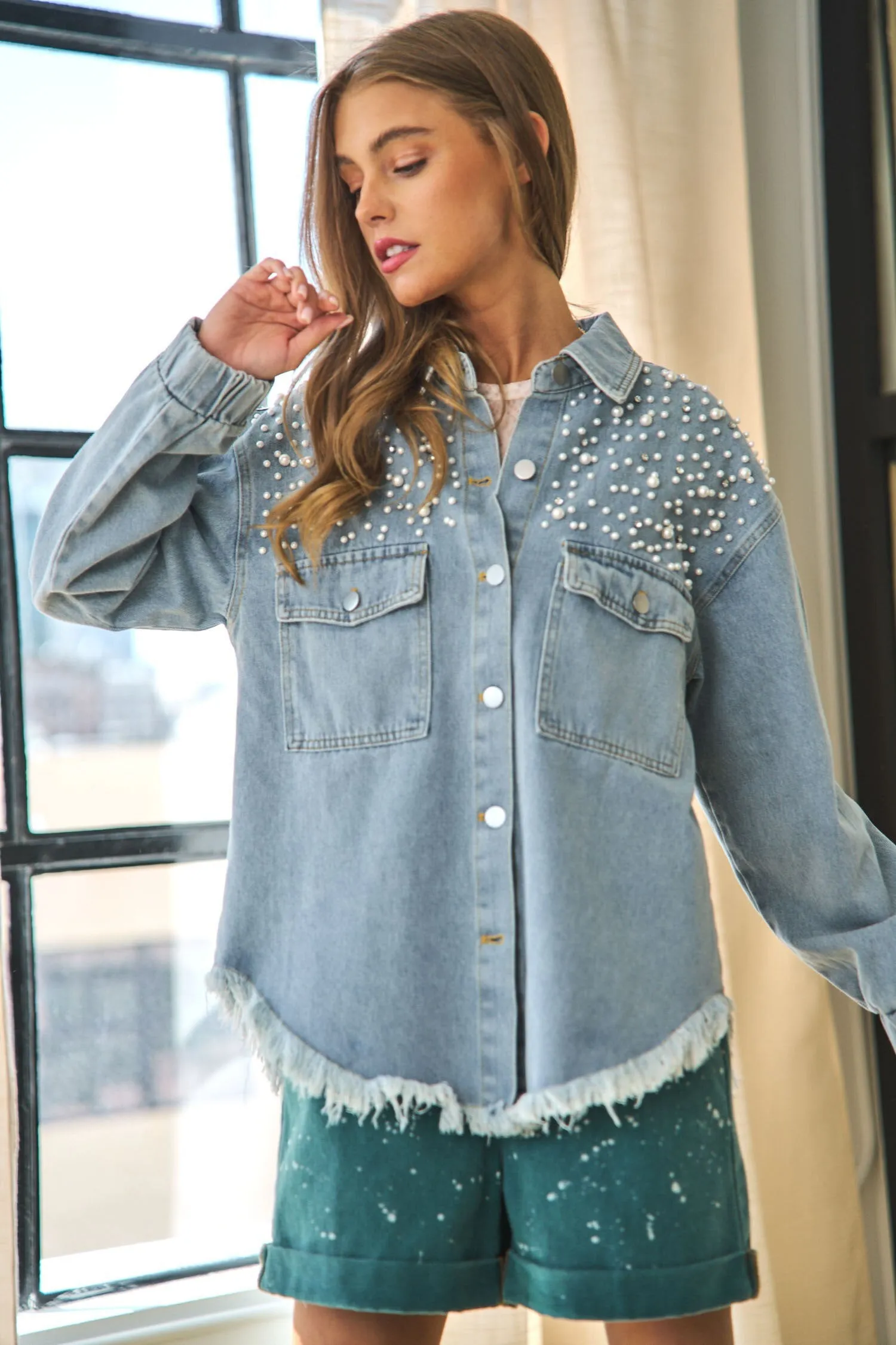 Blue Denim Jacket  Pearls Loose Streetwear Long Sleeve  Jean Coat