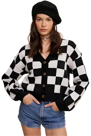 Bold Gingham Sweater Weaved Crop Cardigan