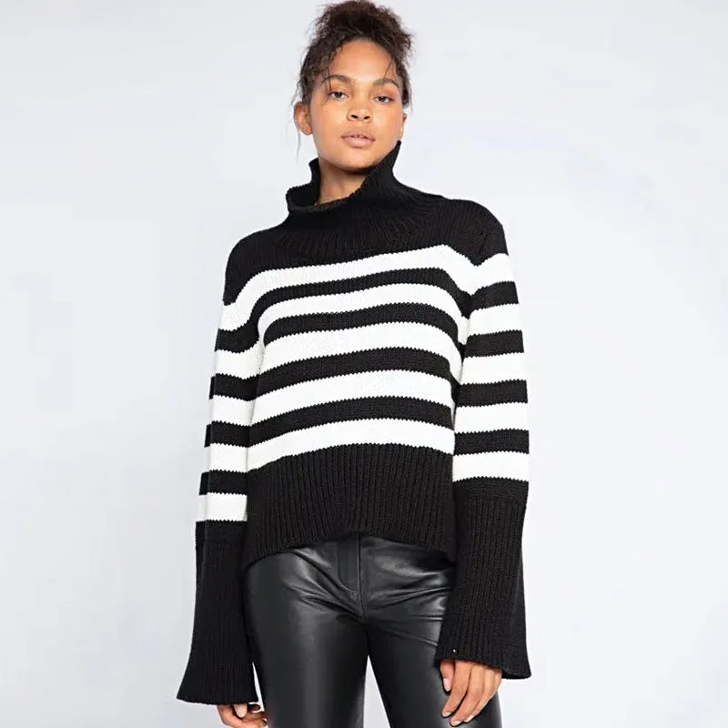 Breton Black and White Stripe Turtleneck Long Sleeve Oversized Knit Sweater