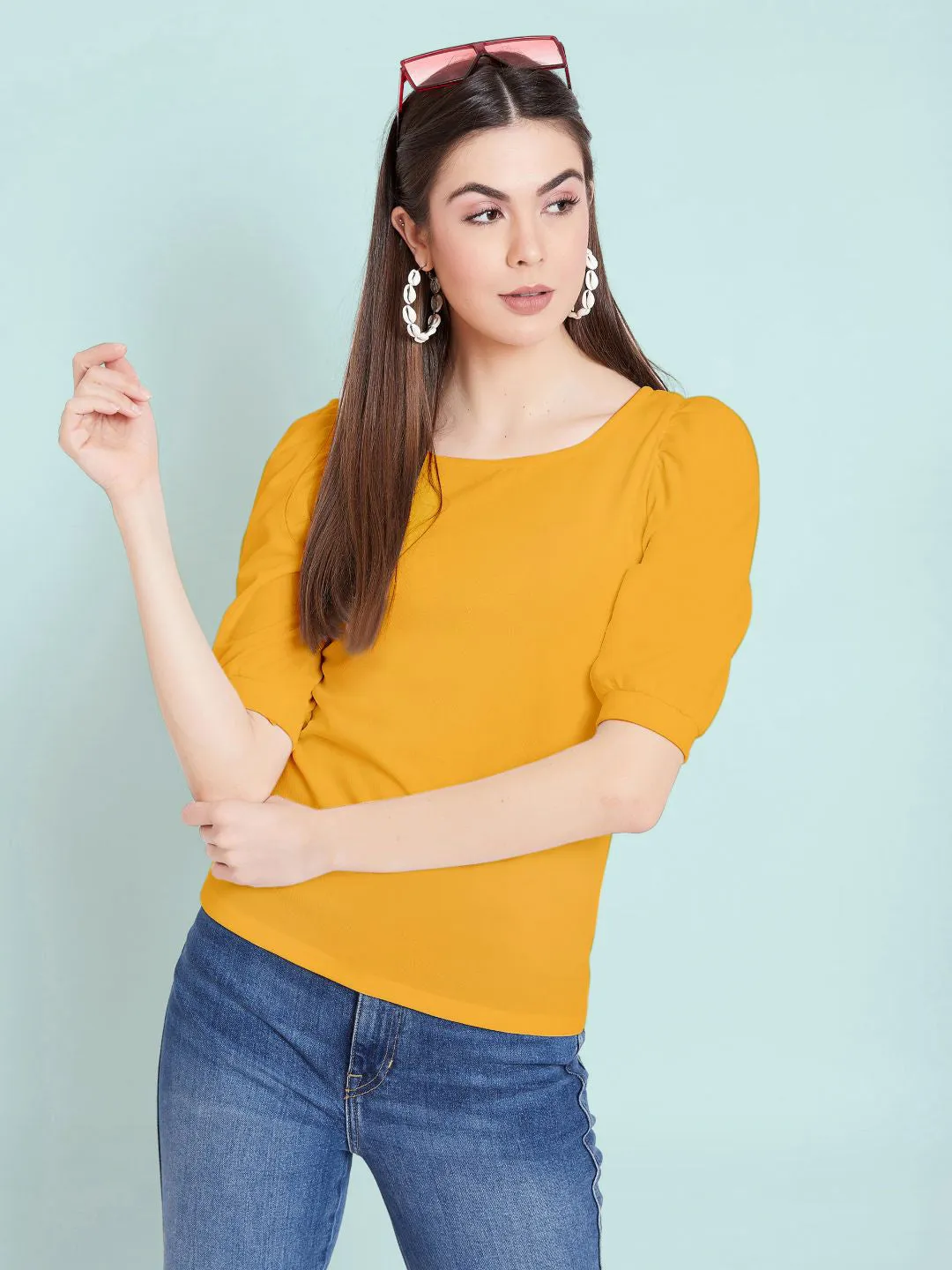 Cotton Stretchable Round Neck Puff Sleeve Top