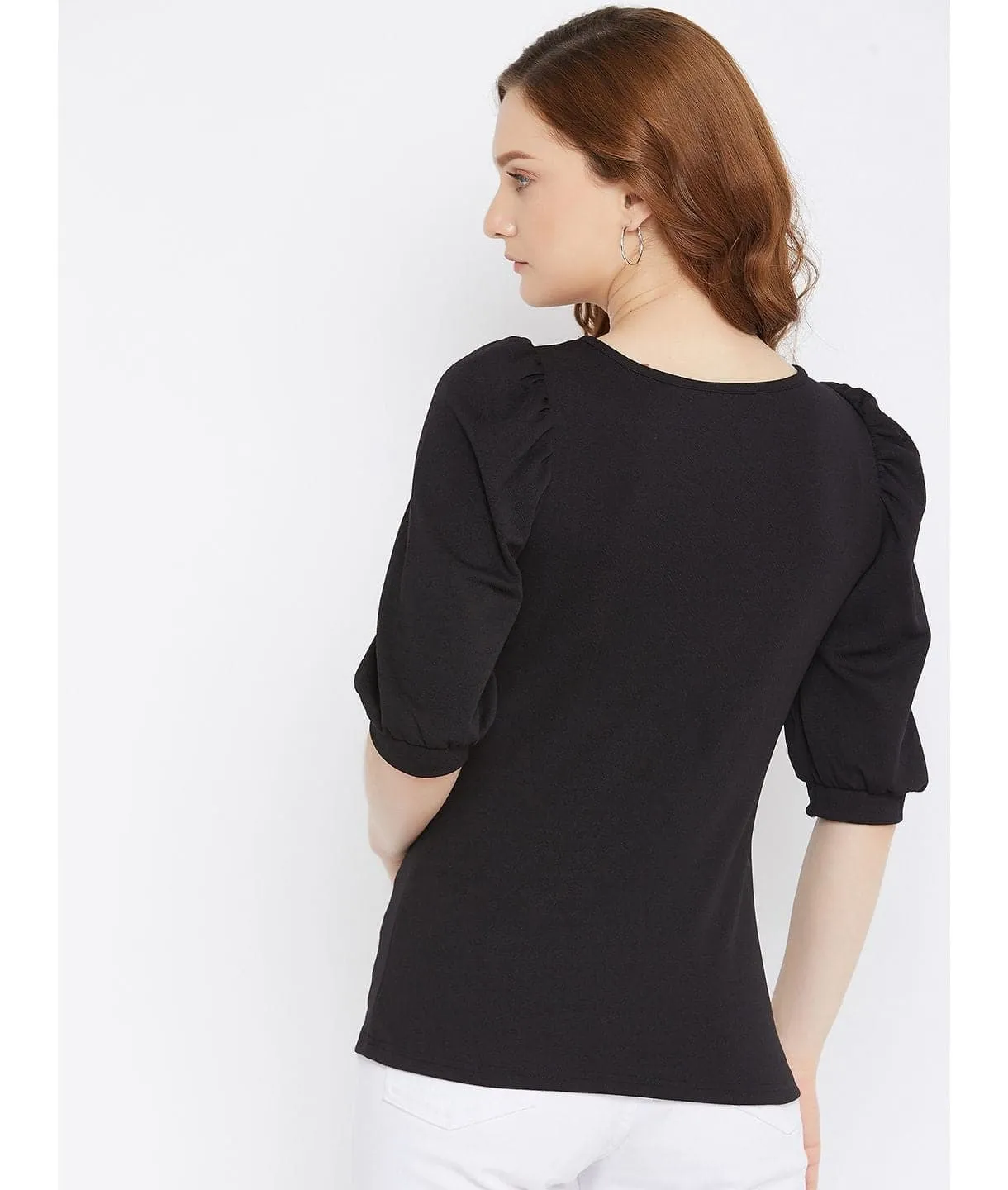 Cotton Stretchable Round Neck Puff Sleeve Top