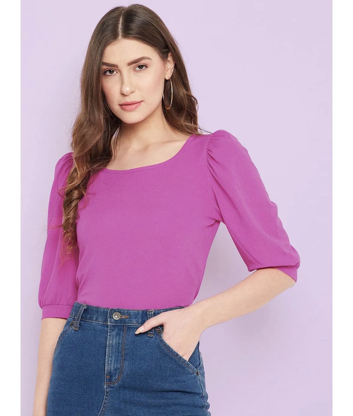 Cotton Stretchable Round Neck Puff Sleeve Top