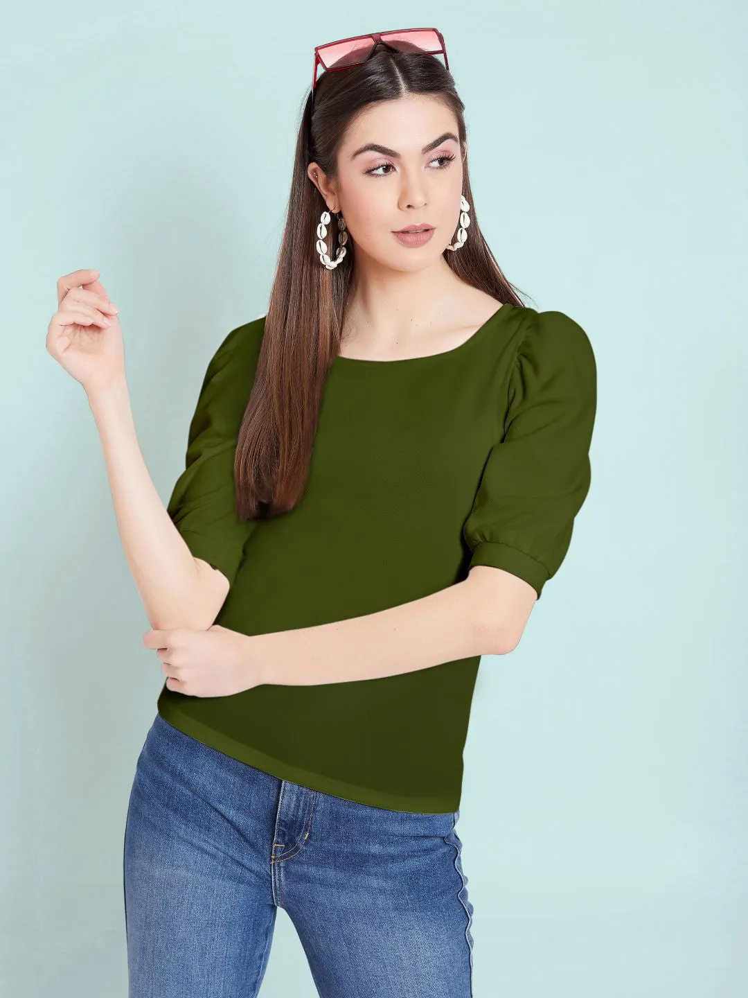 Cotton Stretchable Round Neck Puff Sleeve Top