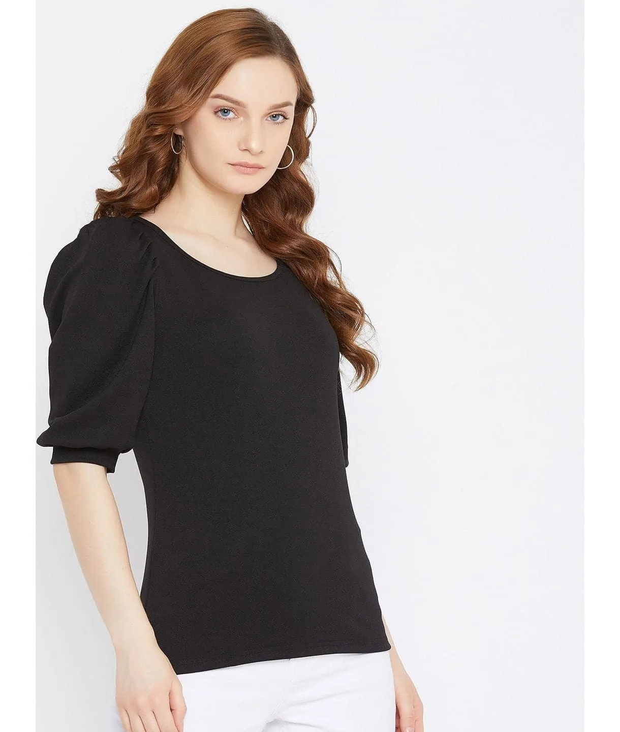 Cotton Stretchable Round Neck Puff Sleeve Top