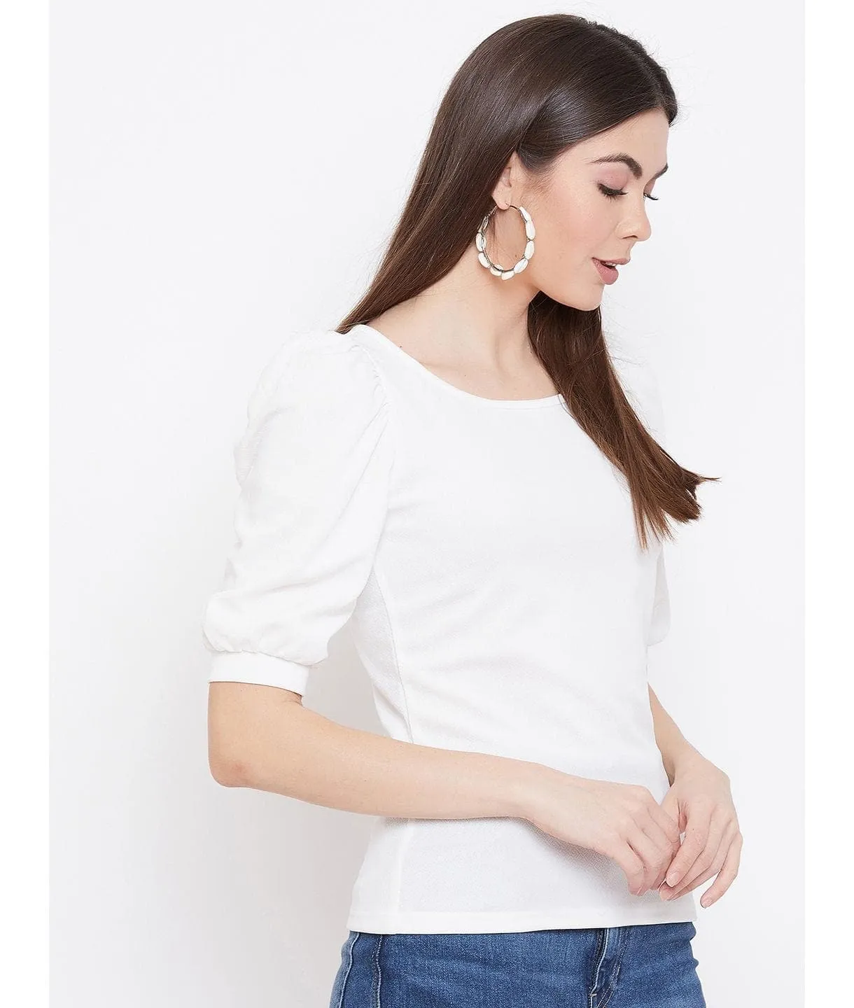 Cotton Stretchable Round Neck Puff Sleeve Top