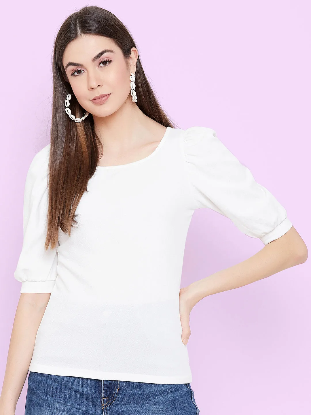 Cotton Stretchable Round Neck Puff Sleeve Top