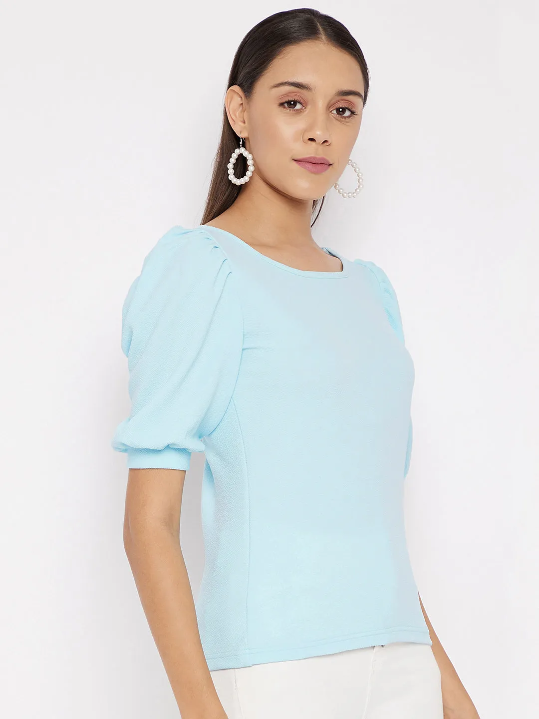 Cotton Stretchable Round Neck Puff Sleeve Top