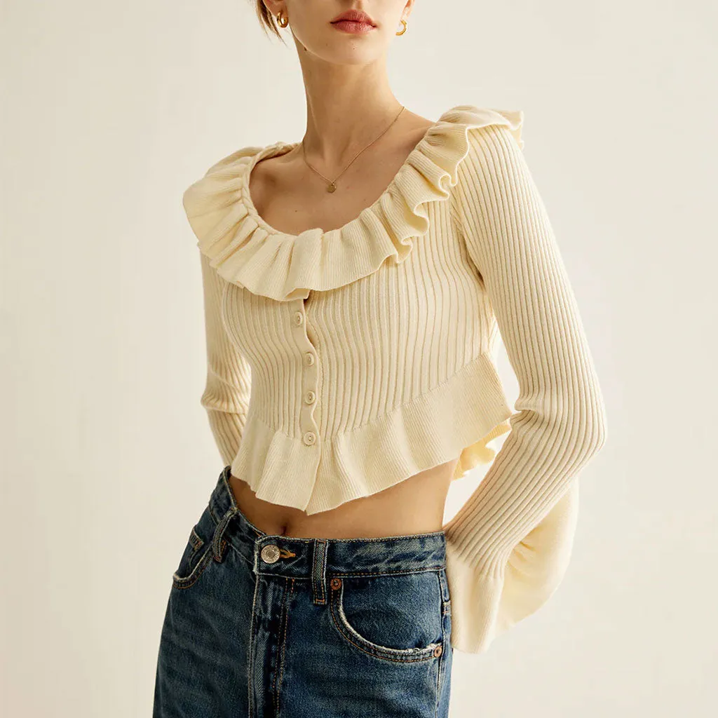 Cute Ruffled Neck Button Down Long Sleeve Rib Knit Crop Peplum Cardigan