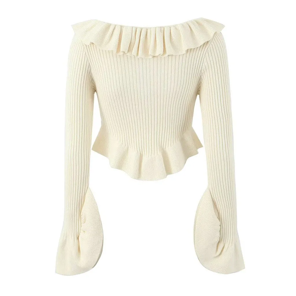 Cute Ruffled Neck Button Down Long Sleeve Rib Knit Crop Peplum Cardigan