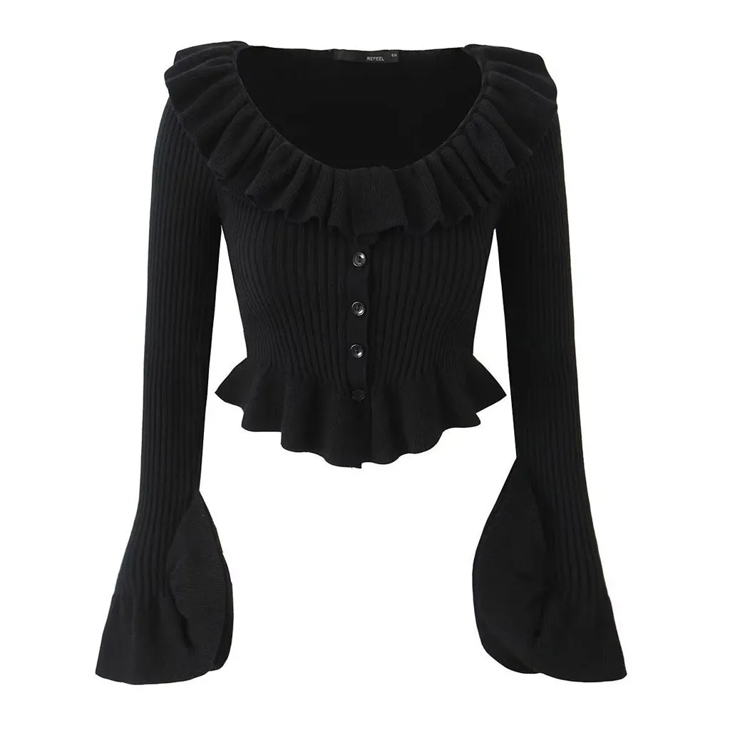 Cute Ruffled Neck Button Down Long Sleeve Rib Knit Crop Peplum Cardigan