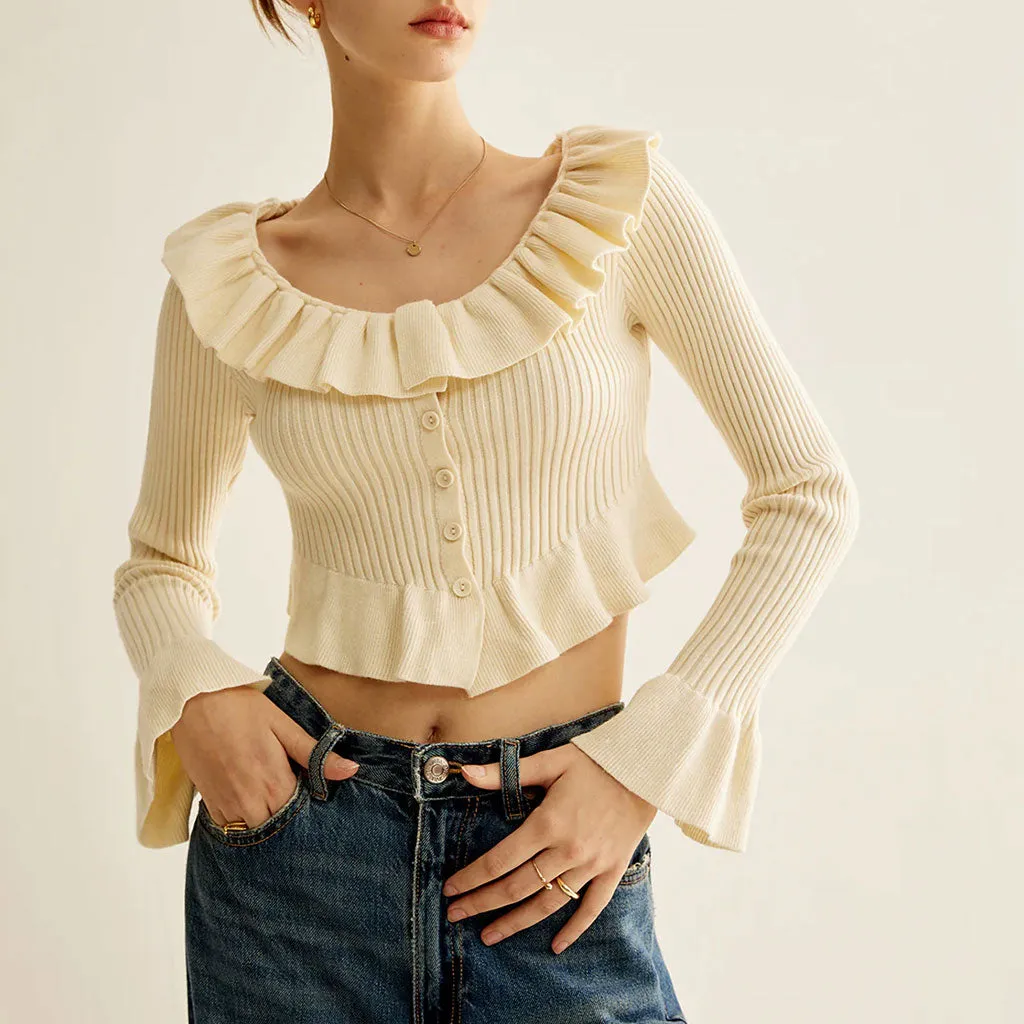 Cute Ruffled Neck Button Down Long Sleeve Rib Knit Crop Peplum Cardigan