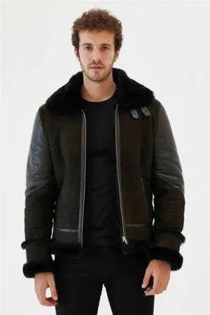 Dark Green & Black Aviator Shearling Jacket for Men