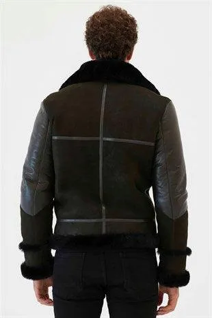 Dark Green & Black Aviator Shearling Jacket for Men