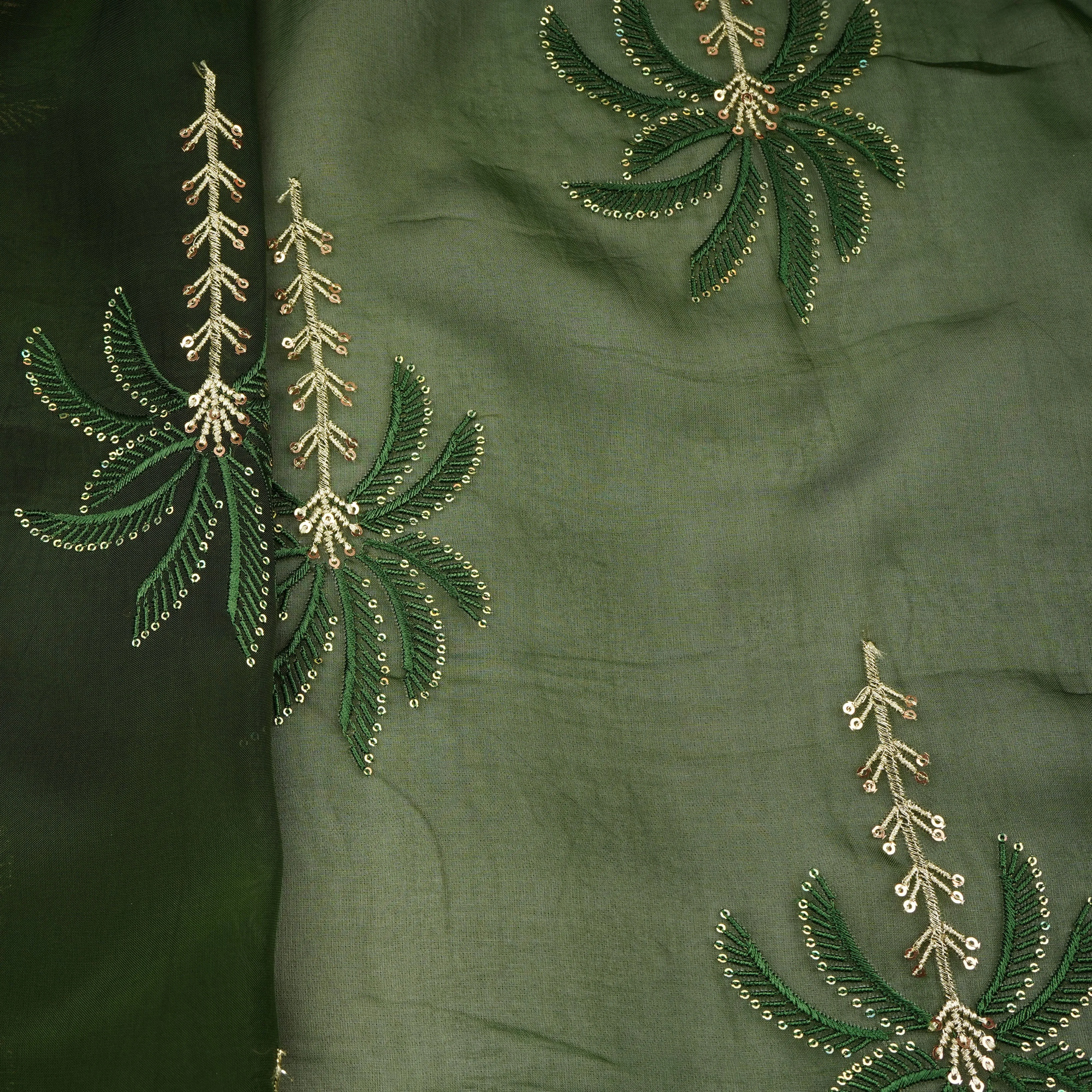 Dark Green Thread Sequins Embroidery Organza Fabric 20859