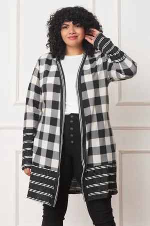 EG FASHION Long plus Buffalo Plaid Stripe Trim Open winter Cardigan