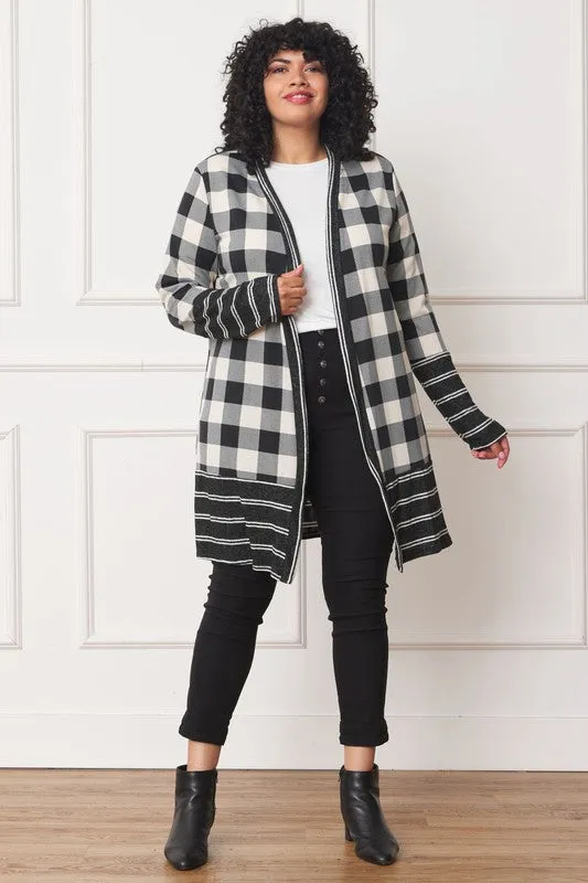 EG FASHION Long plus Buffalo Plaid Stripe Trim Open winter Cardigan