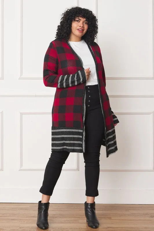 EG FASHION Long plus Buffalo Plaid Stripe Trim Open winter Cardigan