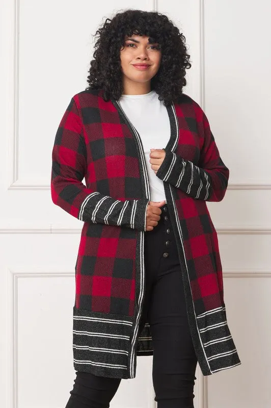 EG FASHION Long plus Buffalo Plaid Stripe Trim Open winter Cardigan