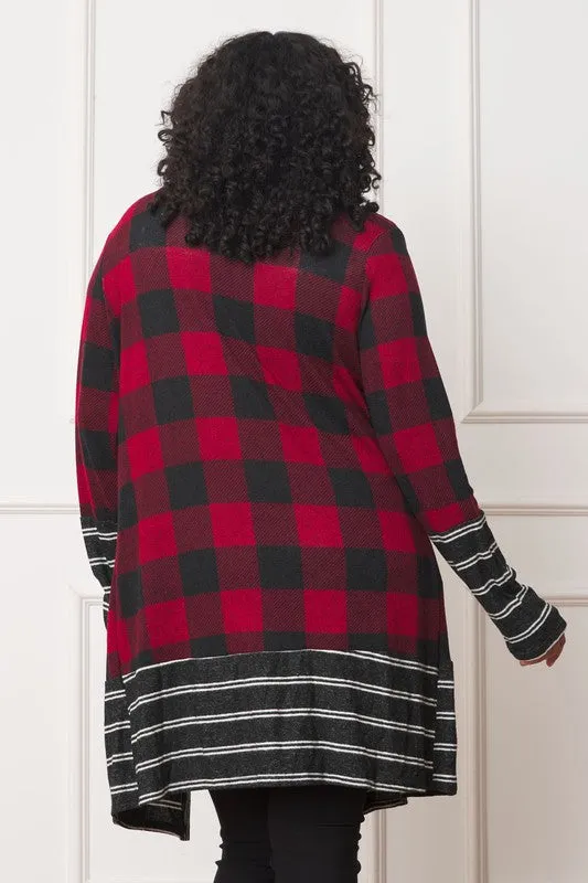 EG FASHION Long plus Buffalo Plaid Stripe Trim Open winter Cardigan