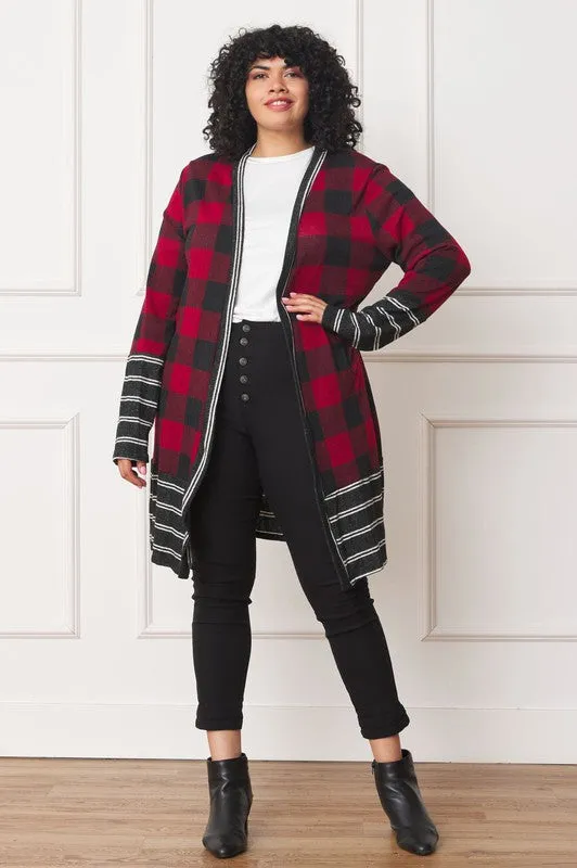 EG FASHION Long plus Buffalo Plaid Stripe Trim Open winter Cardigan