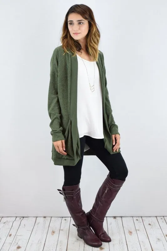 EG FASHION Plus-size Olive Solid Drape Pocket Cardigan