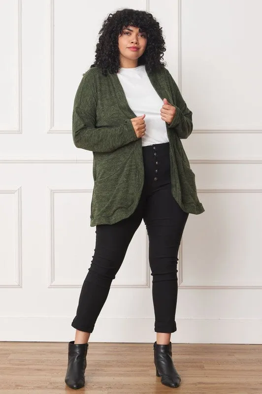 EG FASHION Plus-size Olive Solid Drape Pocket Cardigan