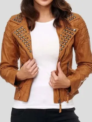 Fashionable Studded Brown Women Biker Leather Jacket