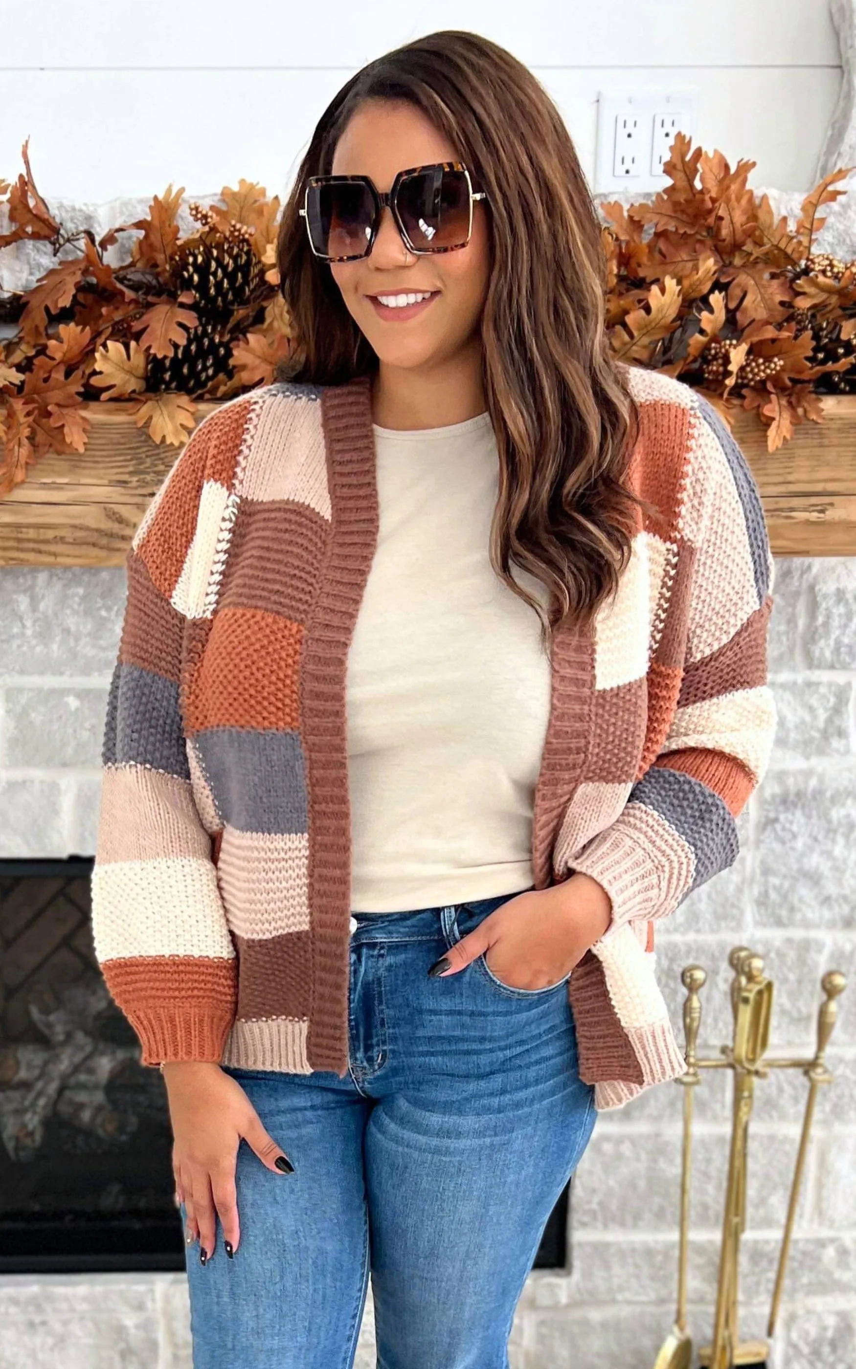 Feeling Fall Checker Colorblock Cardigan -Mocha - Final Sale