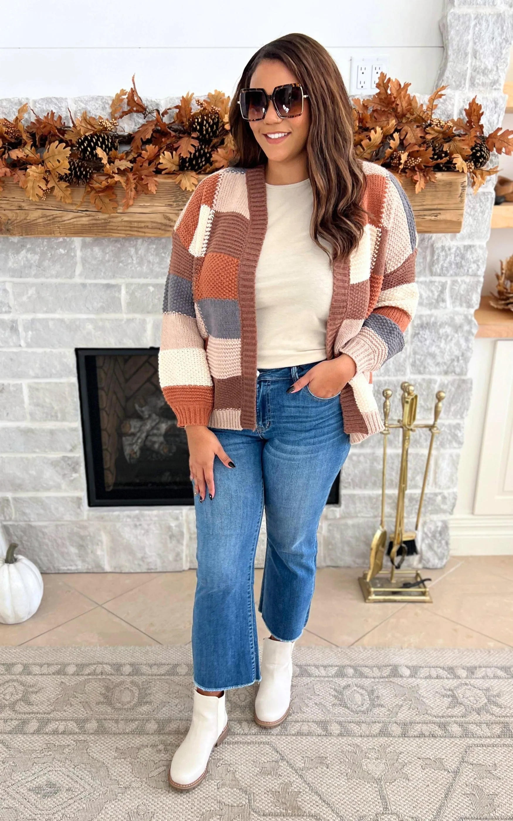 Feeling Fall Checker Colorblock Cardigan -Mocha - Final Sale