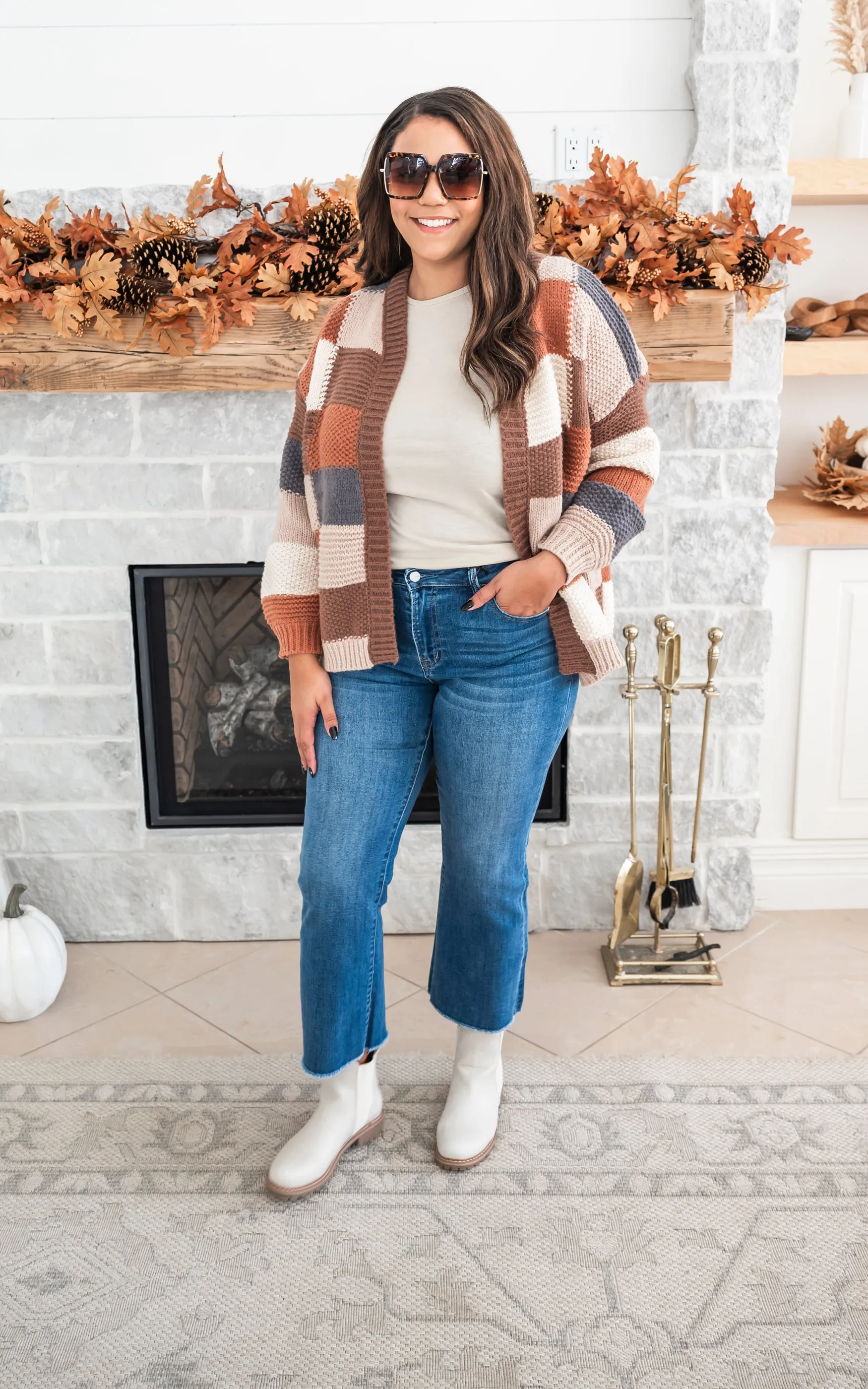 Feeling Fall Checker Colorblock Cardigan -Mocha - Final Sale