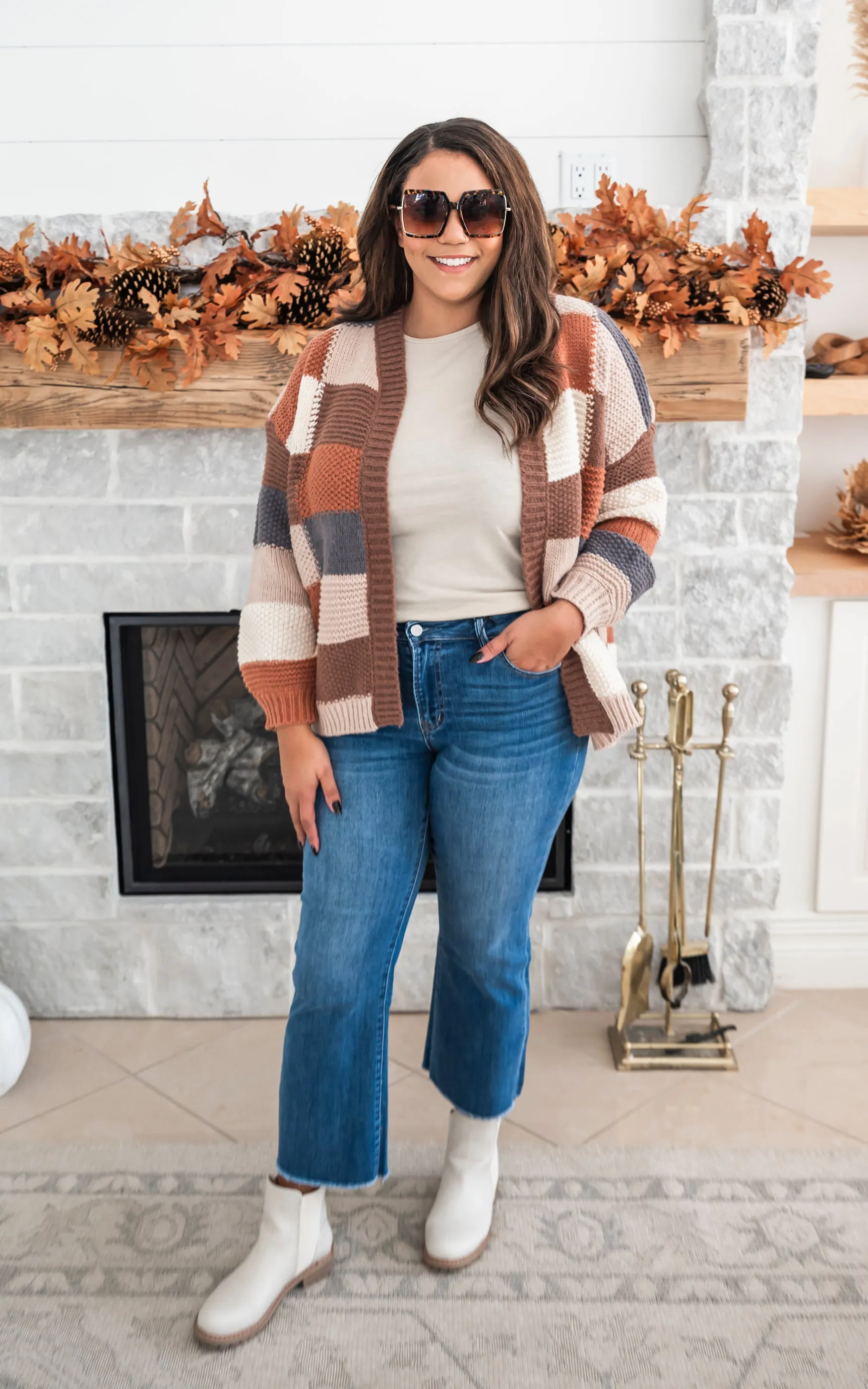 Feeling Fall Checker Colorblock Cardigan -Mocha - Final Sale