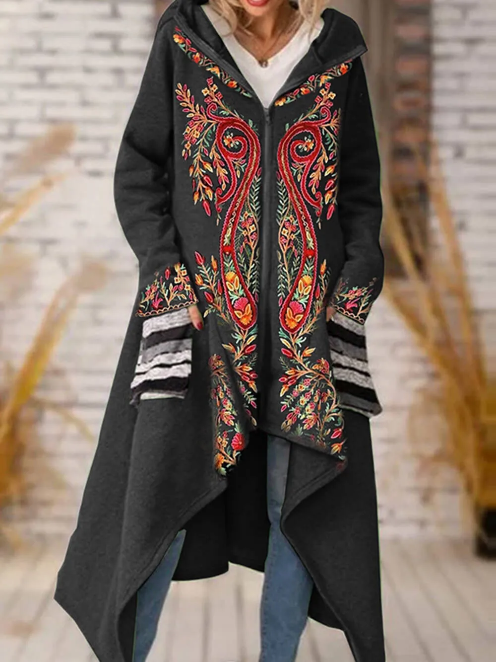 Floral  Open Hooded Knit Blend Shrug Coat