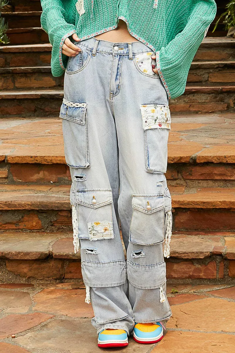 Floral patches multi pockets solid cargo pants: LIGHT DENIM