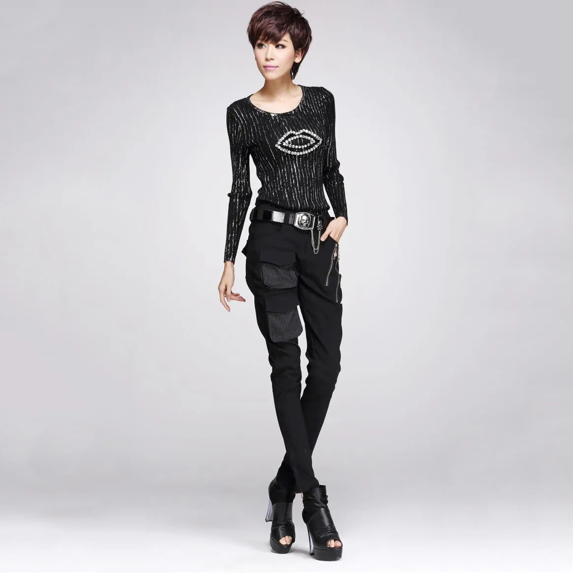 Gothic Style Women's Black Pencil Pants / Elastic Waist Stretchable Material Pants