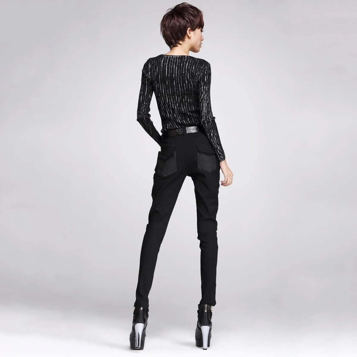 Gothic Style Women's Black Pencil Pants / Elastic Waist Stretchable Material Pants