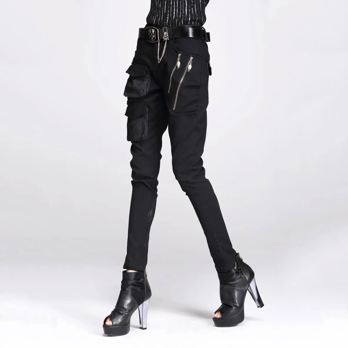 Gothic Style Women's Black Pencil Pants / Elastic Waist Stretchable Material Pants