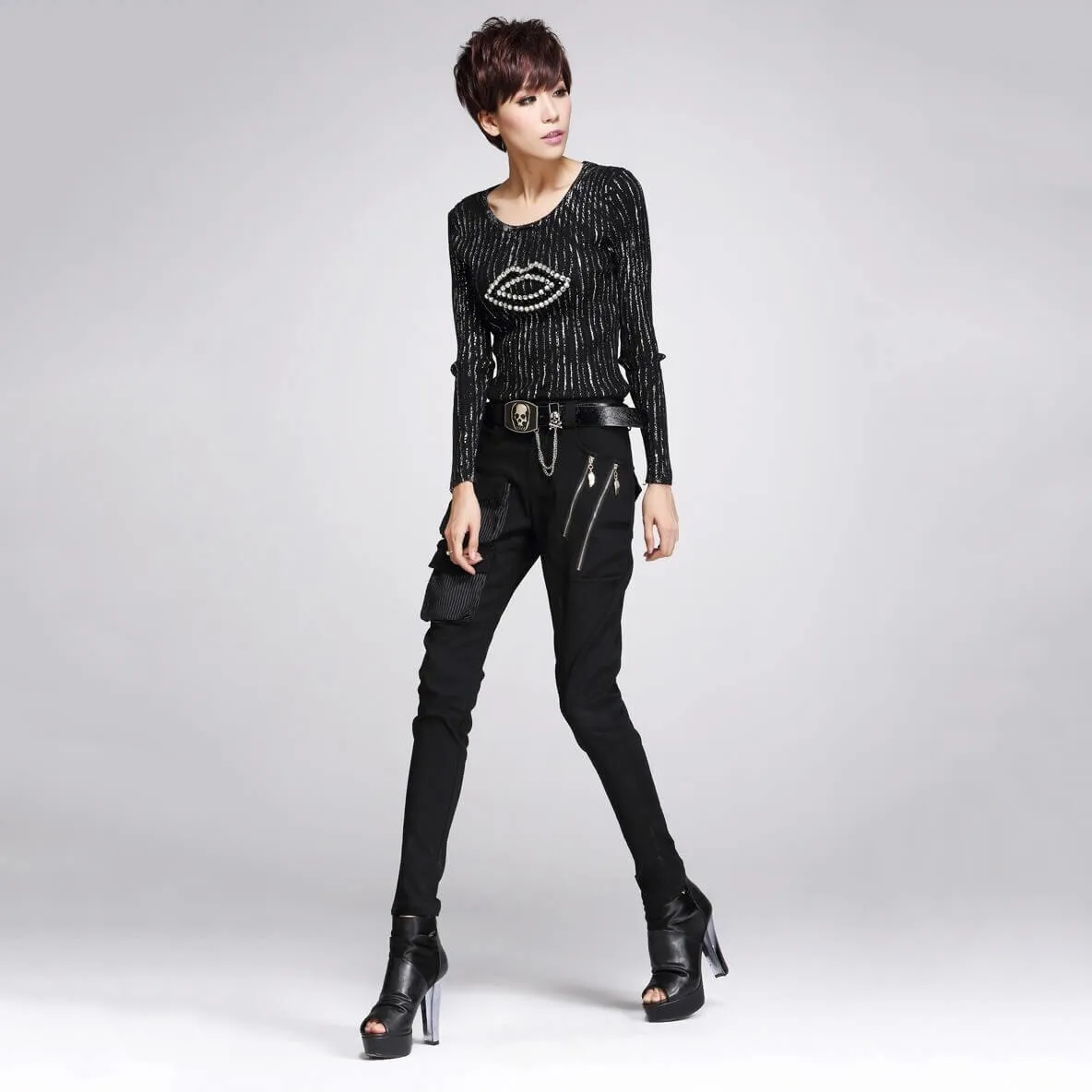 Gothic Style Women's Black Pencil Pants / Elastic Waist Stretchable Material Pants