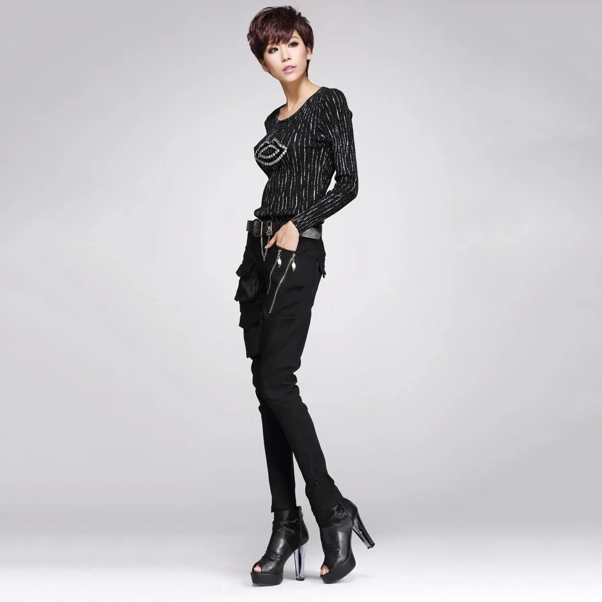 Gothic Style Women's Black Pencil Pants / Elastic Waist Stretchable Material Pants