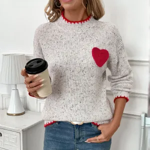 Half Turtleneck Valentine's Day Heart Pattern Sweater Crew Neck Casual Pullover