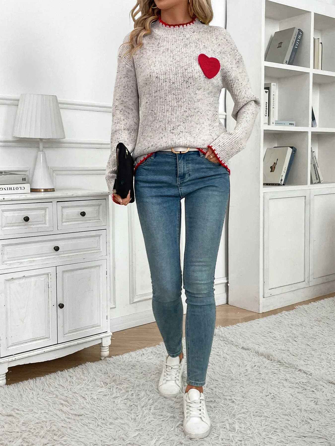 Half Turtleneck Valentine's Day Heart Pattern Sweater Crew Neck Casual Pullover