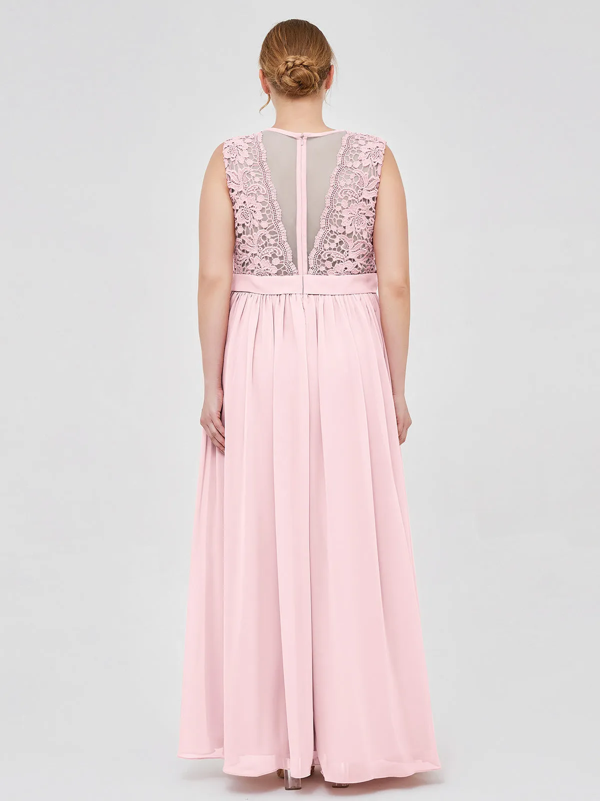 Illusion Neck Chiffon and Lace Dresses Blushing Pink