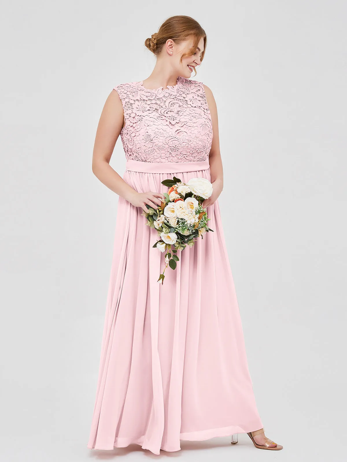 Illusion Neck Chiffon and Lace Dresses Blushing Pink