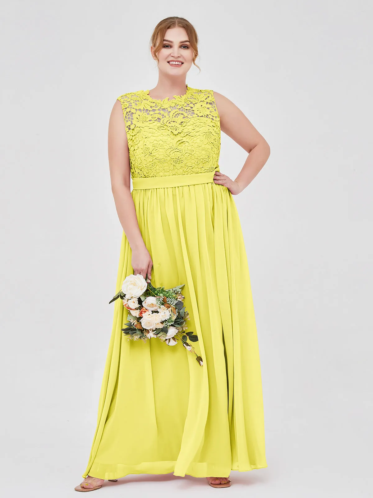 Illusion Neck Chiffon and Lace Dresses Lemon