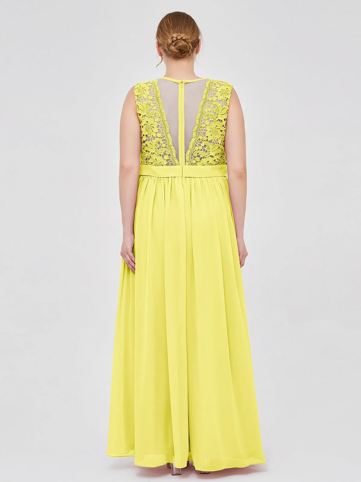 Illusion Neck Chiffon and Lace Dresses Lemon