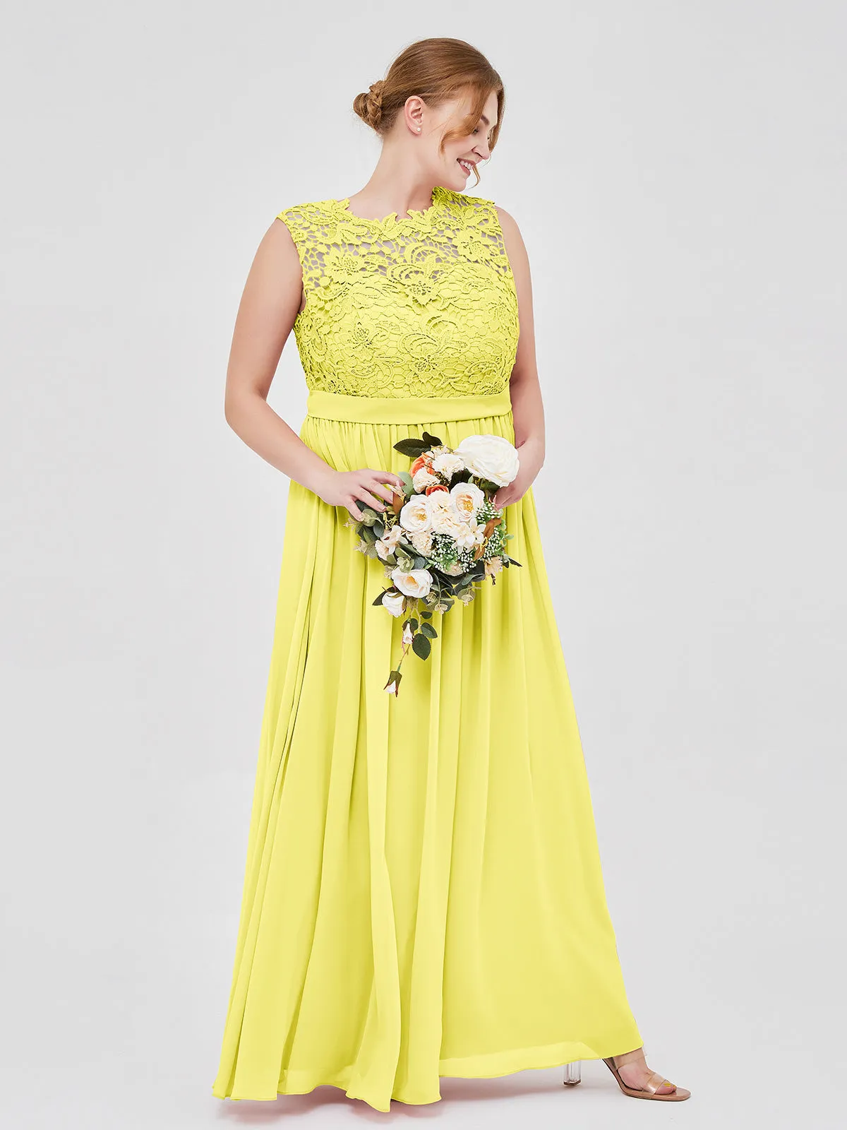 Illusion Neck Chiffon and Lace Dresses Lemon